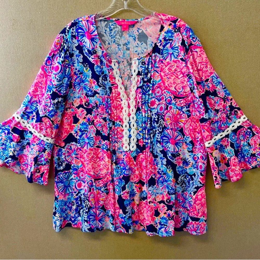 Lilly Pulitzer Vibrant Pink and Blue Floral Blouse